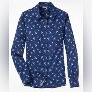 Duluth Trading Co Wrinklefighter Button Up Shirt Bird Print XXL Blue